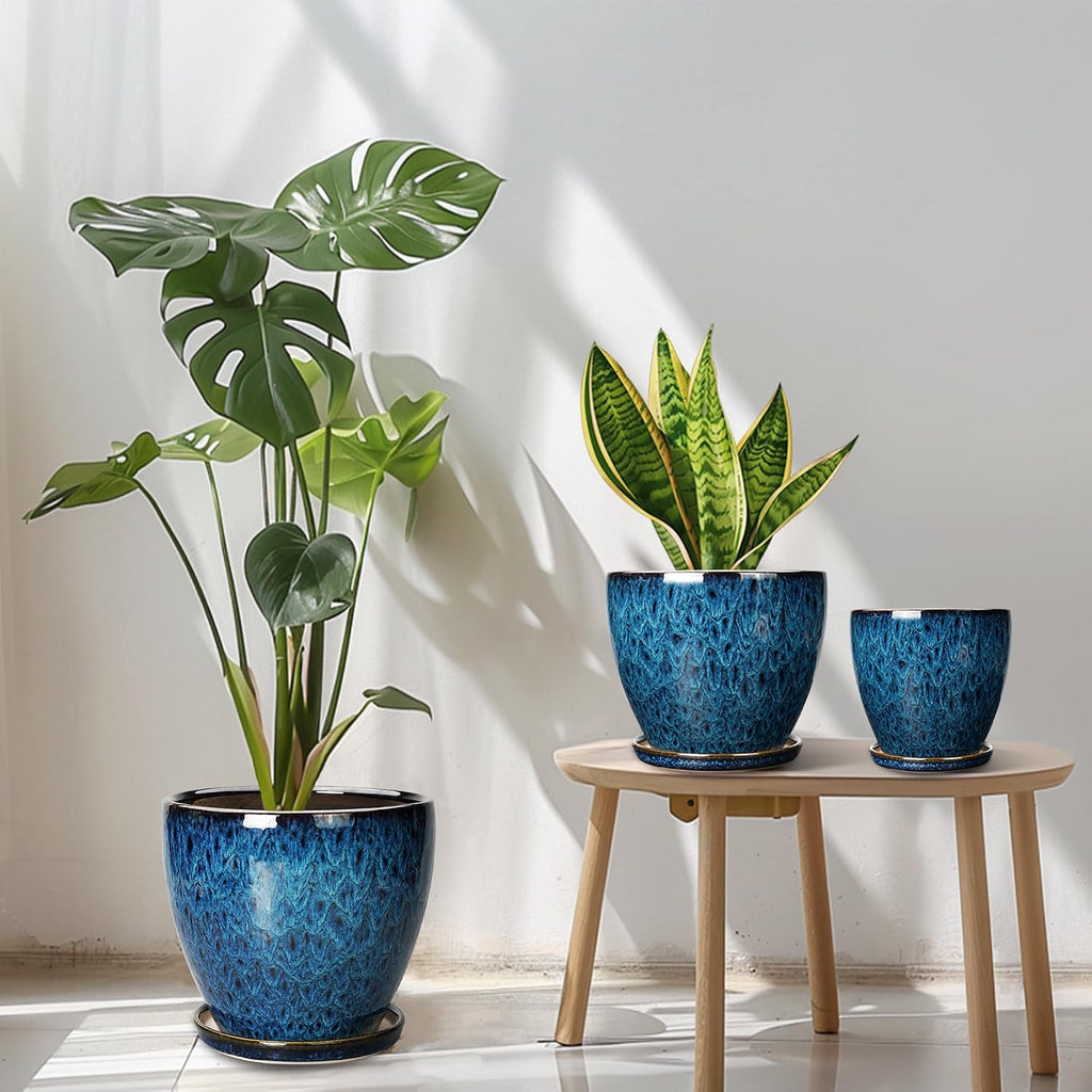 Plant Pots Indoor, Ceramic Planters Pots with Drainage Holes and Saucers, 10+8+6 Inch, Set of 3, Round Large Flower