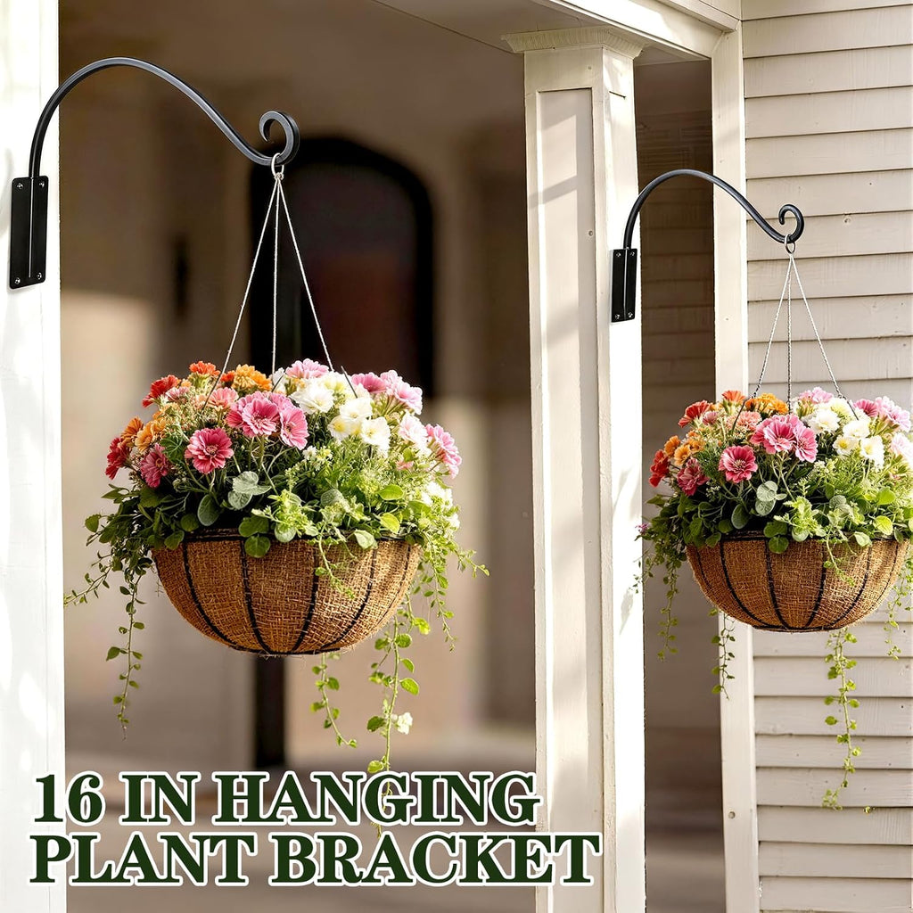 Heavy Duty 16 Inch Plant Hangers Bracket Outdoor 2 Pack Hanging Plant Hook | 60LBS Capacity, Rust-Proof Metal Wall