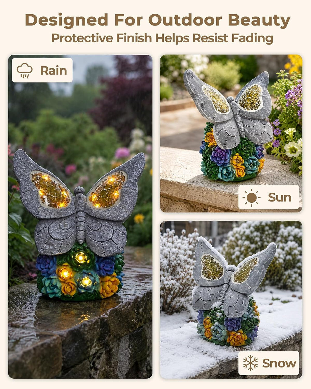 Solar Butterfly Garden Statue, Resin LED Outdoor Decor | Crackled Glass Wings, Succulent Base, Hand-Painted Detail