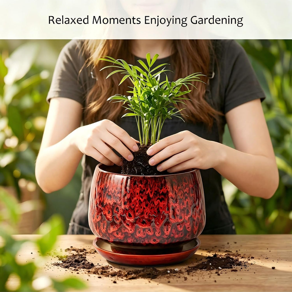 10.3 Inch Ceramic Planter with Saucer,Modern Garden Pots with Drainage Hole Mesh Net, for Indoor Outdoor Use (Speckle