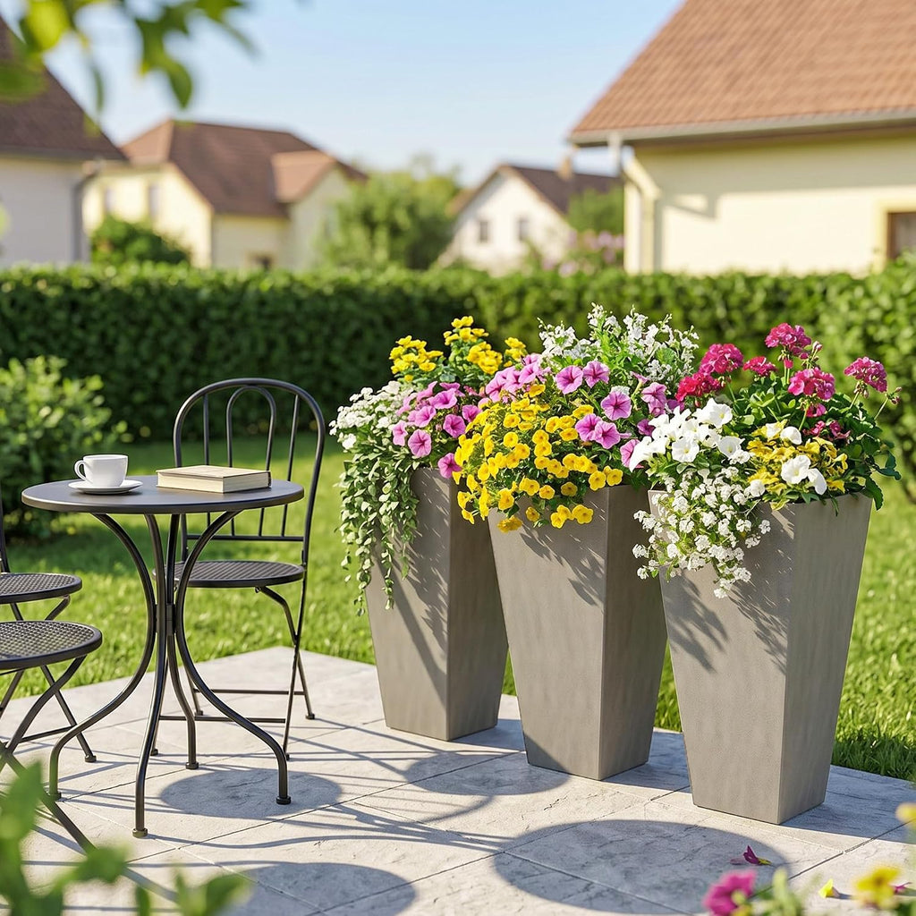 Outsunny 28 in Tall Planters for Outdoor Plants with Drainage Holes, Grey | Set of 3, Taper Planters, Indoor Grande