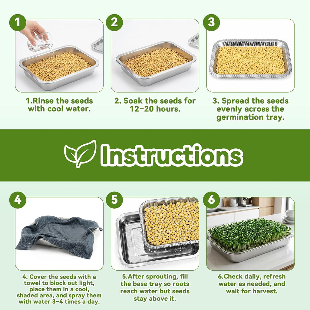 2 Pcs Stainless Steel Seed Sprouting Trays with Towel & Gauze (10.6 x 7.8) | 2-Tier Soil-Free Microgreens Growing Kit
