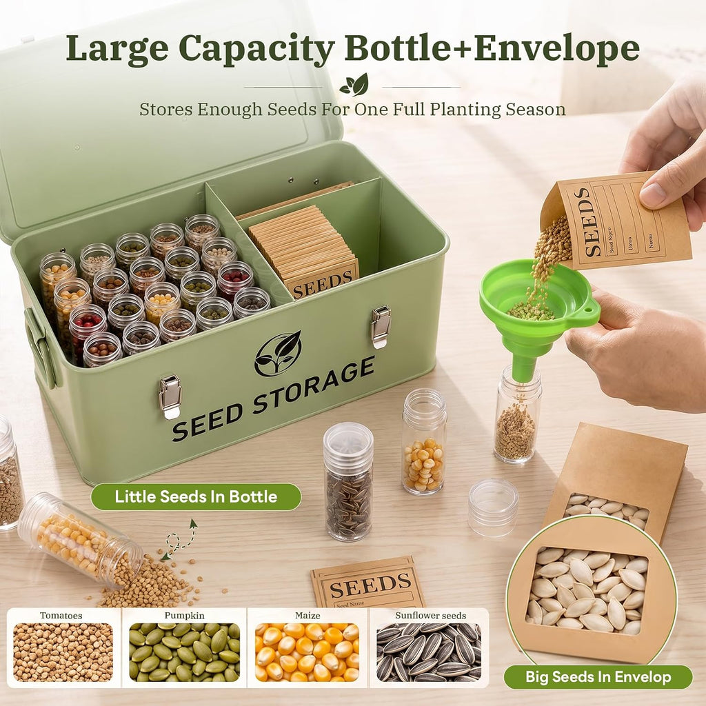 60 Slots Metal Seed Organizer with 3 Compartment Lid & Safety Locks | Seed Storage with 20 Windowed Seed Envelopes