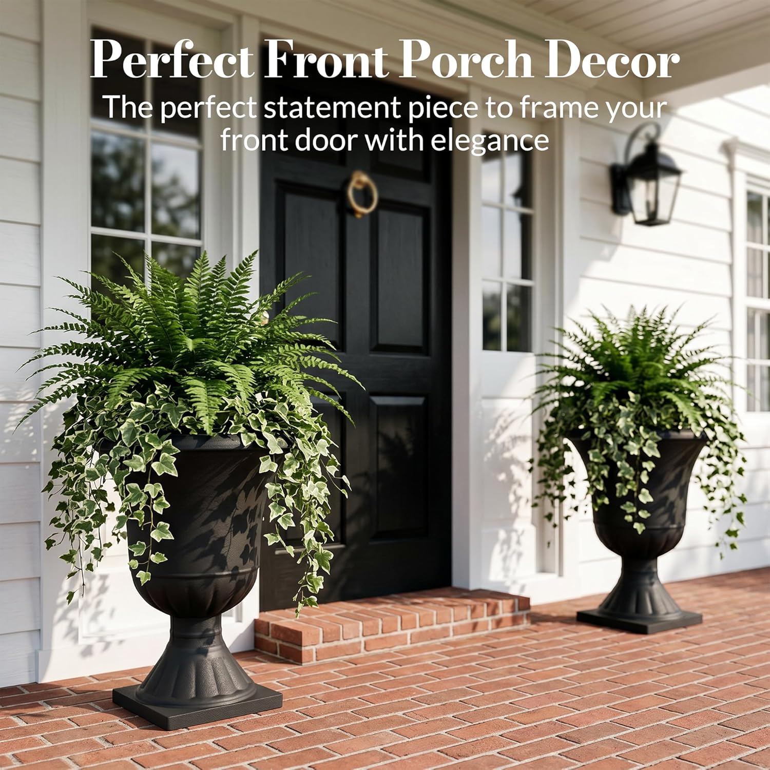 Worth Garden 2-Pack Plastic Urn Planters for Outdoor Plants, 22'' Black Tall Round Classic Resin Traditional Flower