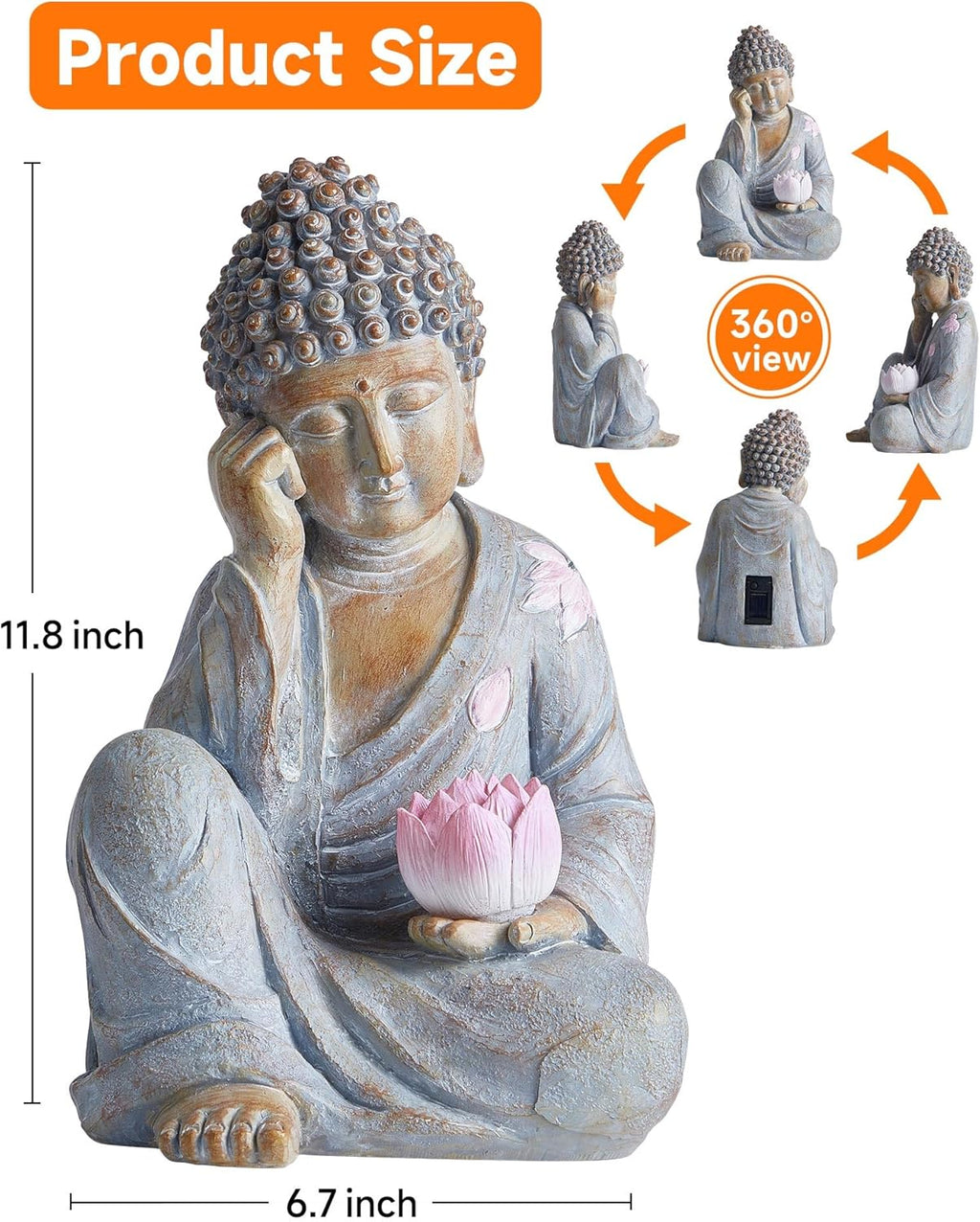 Buddha Statue Outdoor with Lotus Flower Light, IP65 Waterproof Solar Statue Lights, Outdoor Statues for Garden, Zen
