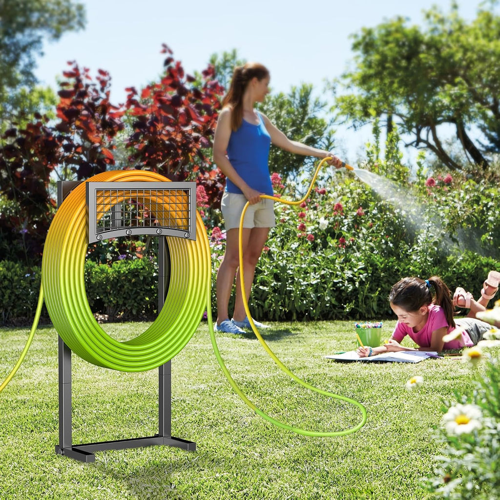Garden Hose Holder – Heavy-Duty Metal Hose Reel with 4 Spikes, Supports Up to 150FT Hose, Sturdy Freestanding Storage