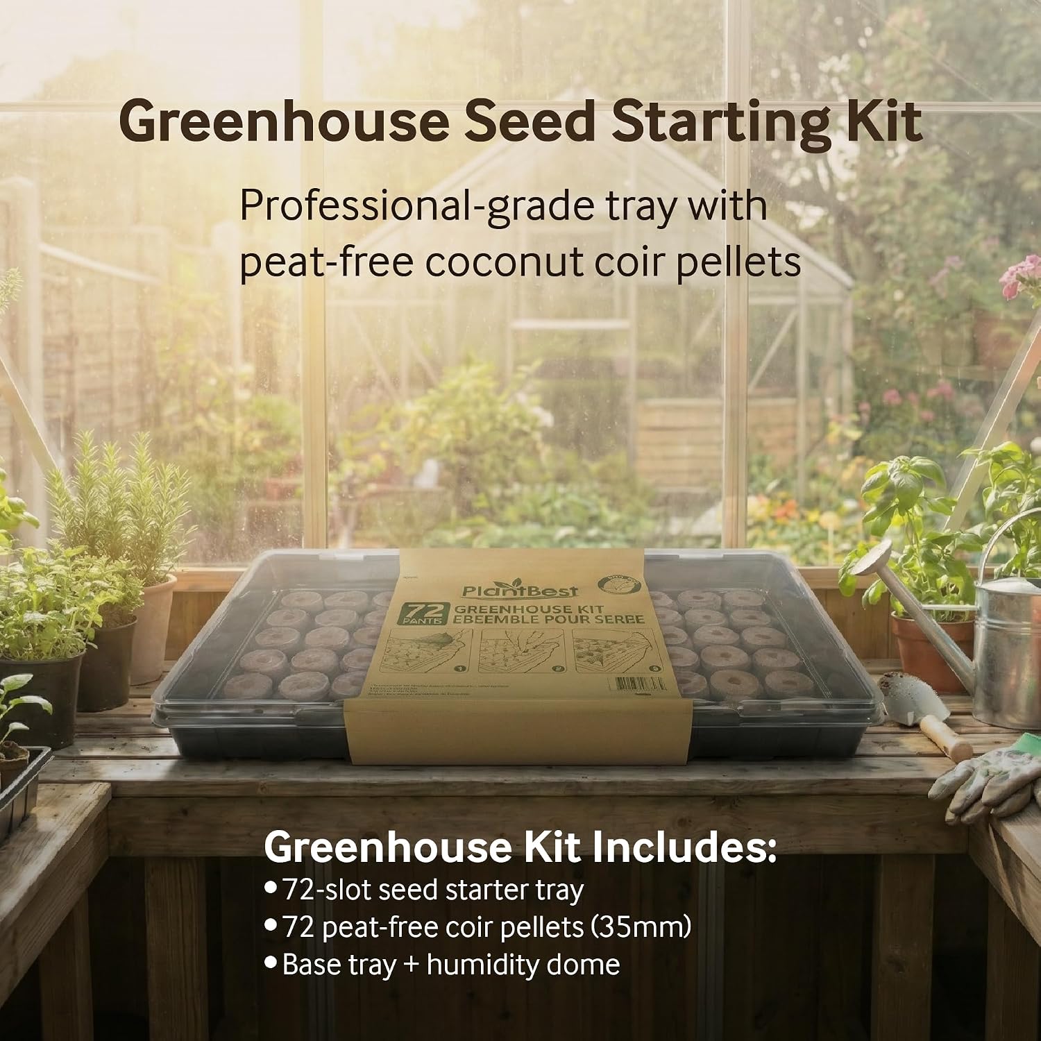PlantBest 72 Coconut Coir Pellet Seed Starting Greenhouse Kit – 35mm Peat-Free Pellets, All-in-One Seed Starter Tray