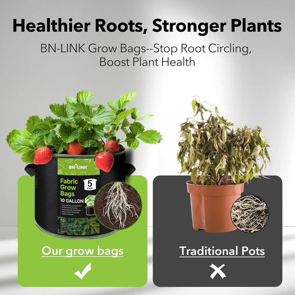 BN-LINK 5-Pack 10 Gallon Grow Bags, Heavy Duty Aeration Fabric Pots with Handles, Thickened Nonwoven Plant Bags for