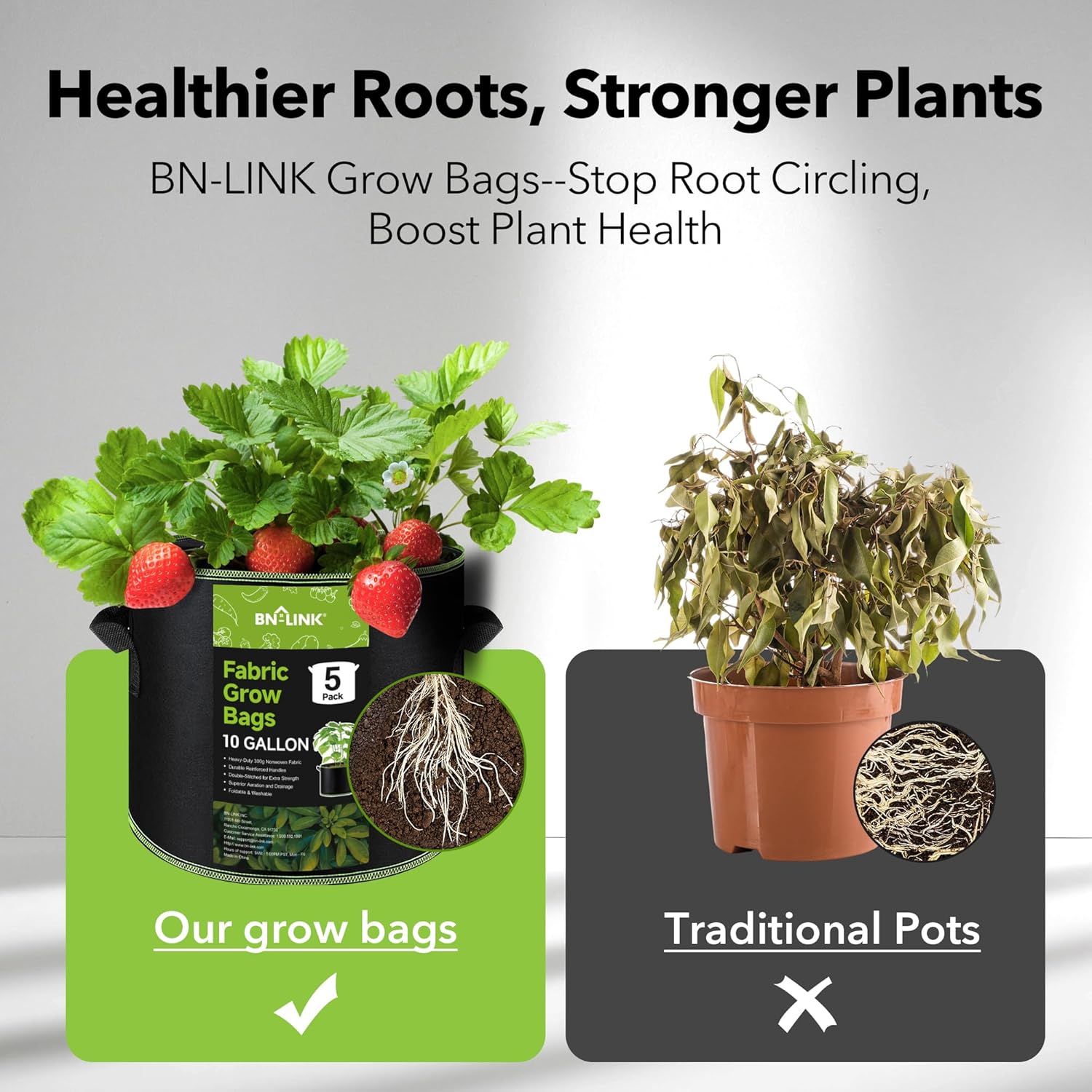 BN-LINK 5-Pack 10 Gallon Grow Bags, Heavy Duty Aeration Fabric Pots with Handles, Thickened Nonwoven Plant Bags for