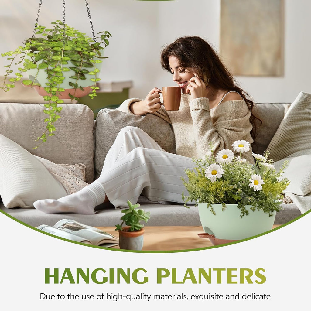 Hanging Planters, Self Watering, Green 12 Inch 2 Pack with Drainage | Indoor Outdoor Use, Removable Drainage Tray