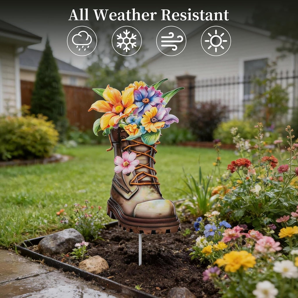 Garden Decor for Outside, 23" Decorative Garden Stake Metal Boot Flowers | Yard Art Stake for Outdoor Lawn Backyard