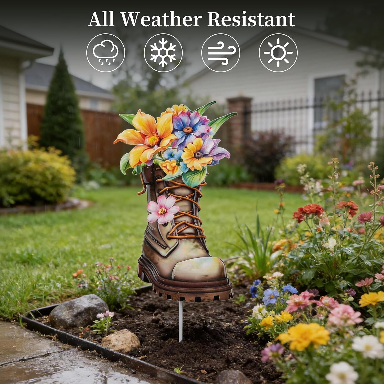 Garden Decor for Outside, 23" Decorative Garden Stake Metal Boot Flowers | Yard Art Stake for Outdoor Lawn Backyard