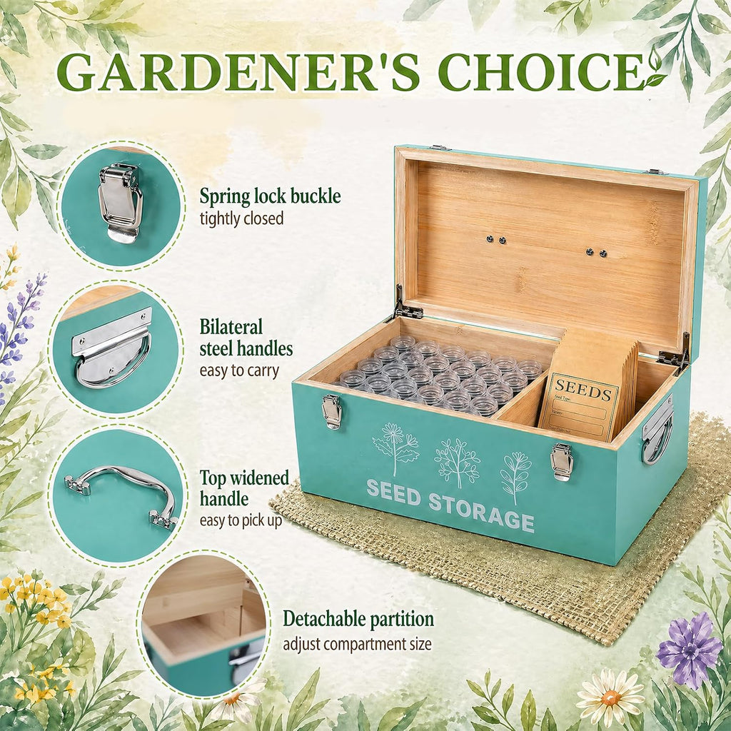 60 Slots Seed Storage Organizer, Bamboo Seed Box with Lid and Safety Locks | Bamboo, Strong Seal, Completely Blocks