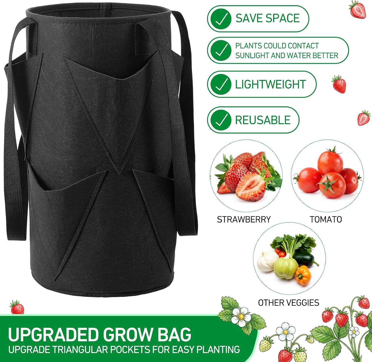 SATINIOR 10 Pack Upside Down Strawberry Planter Set Hanging Vegetables Grow Bags with 10 S Hooks, 3 Gallon Fabric