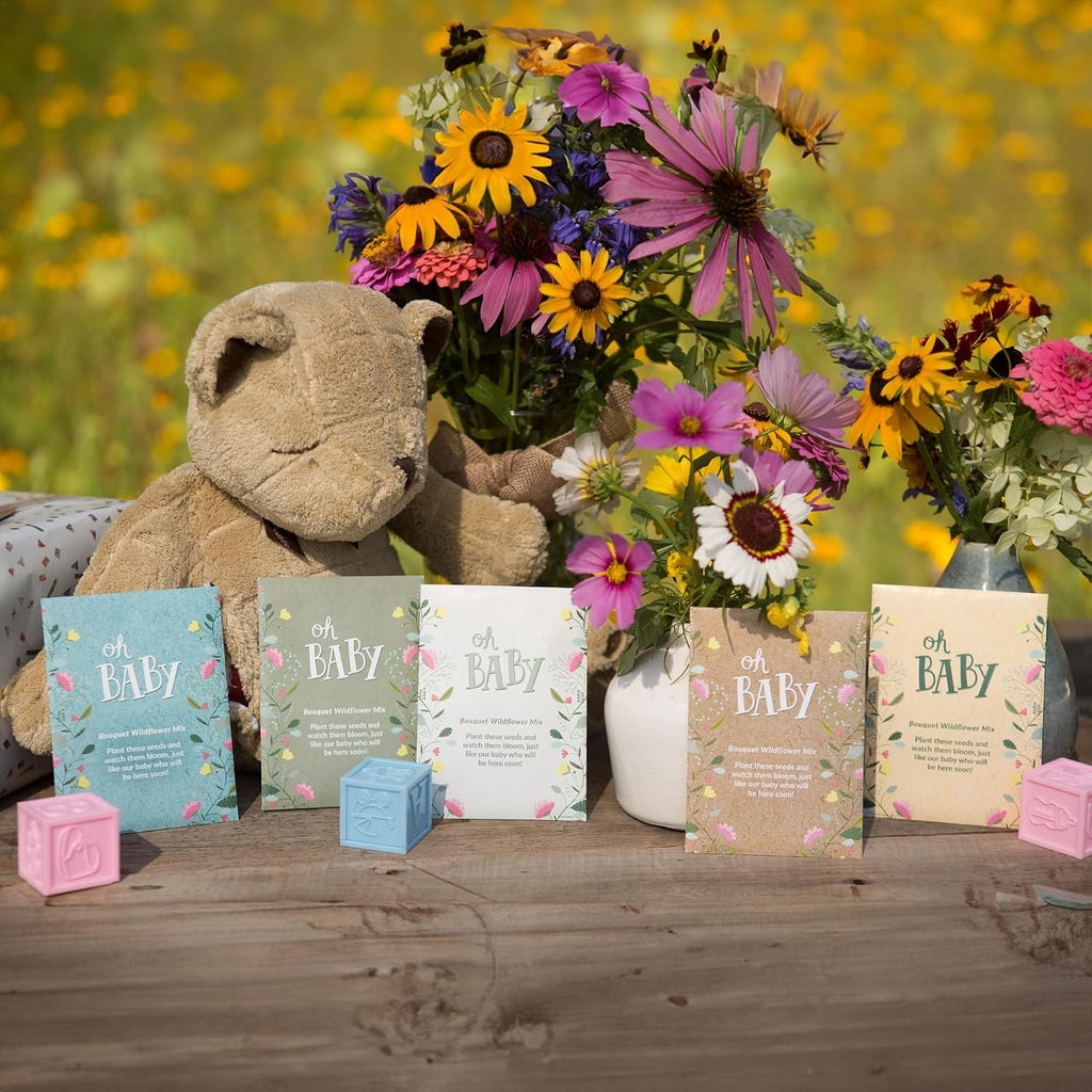 Oh Baby Flower Seeds Packets - Girl/Boy Baby Shower Favors - Pre-Filled, 25 Wildflower Seed Packs for Favor