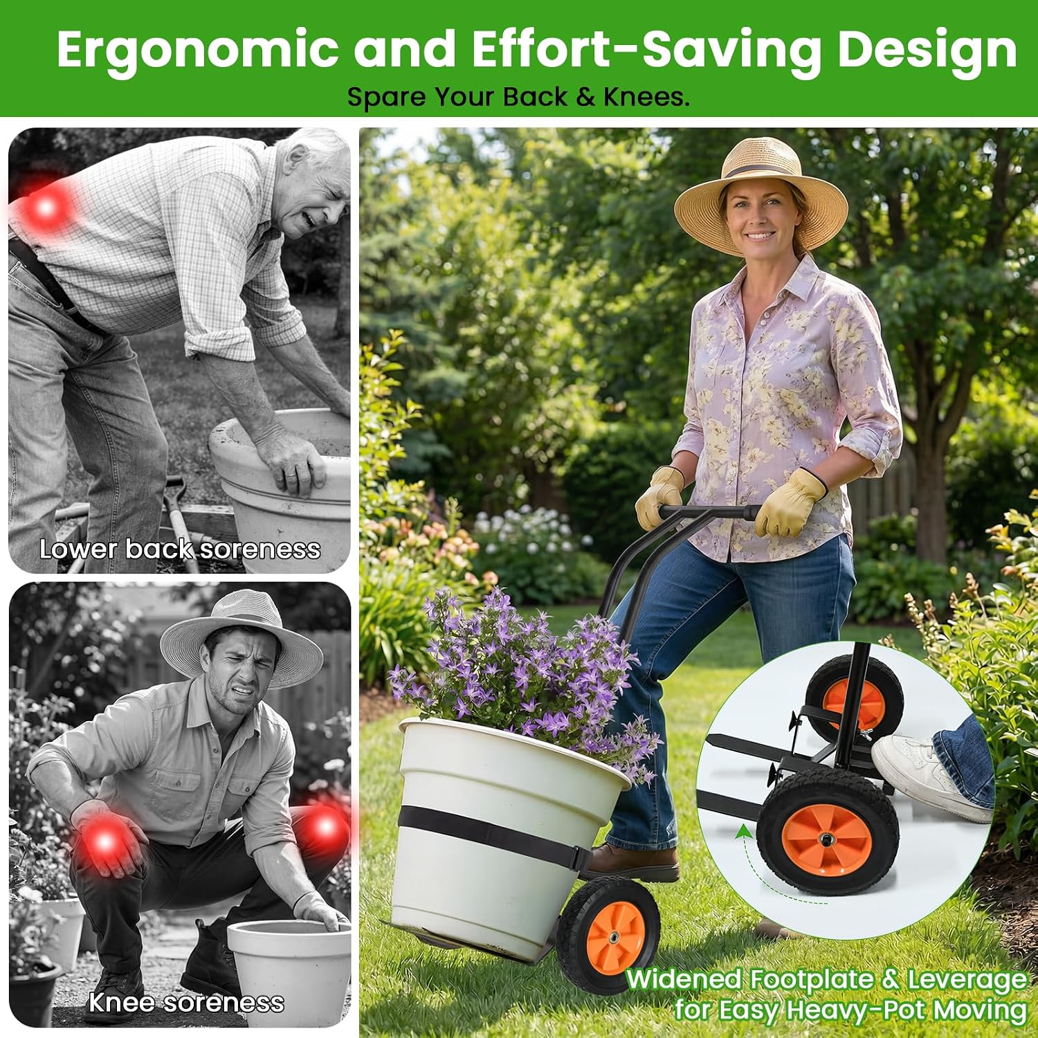 Heavy Duty Plant Dolly with Wheels, Adjustable Pot Mover Plant Caddy, No-Bend Rolling Garden Trolley with Suction Cups