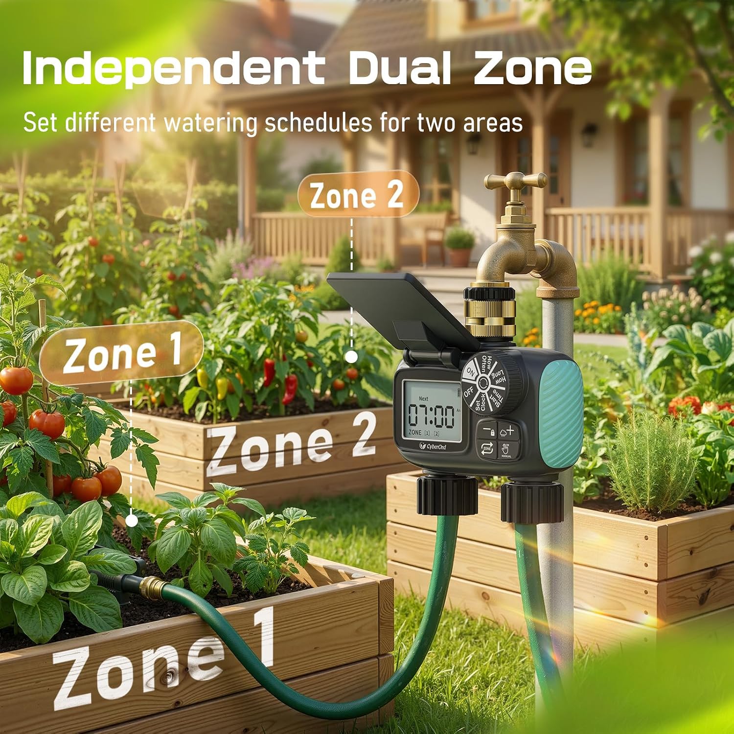 2 Zone Solar Water Timer, Hose Timer with Solar Charging | Sprinkler Timers for Garden Hose with Auto/Manual/Rain Delay