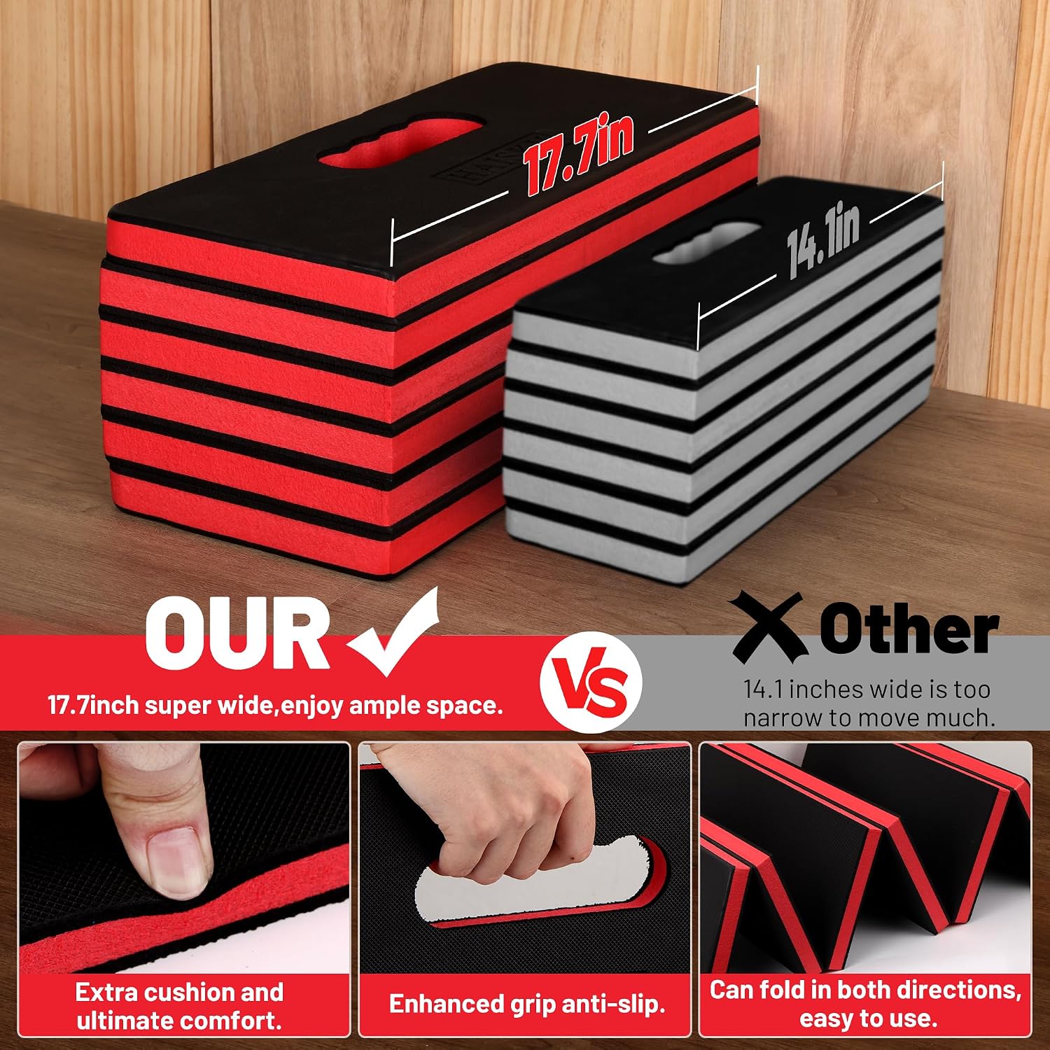 Foldable Mechanic Mat Kneeling Pad, 1.2" Extra Thick EVA Foam,Red | Portable 5-Fold Knee Cushion Mat, Large 47" x 18"