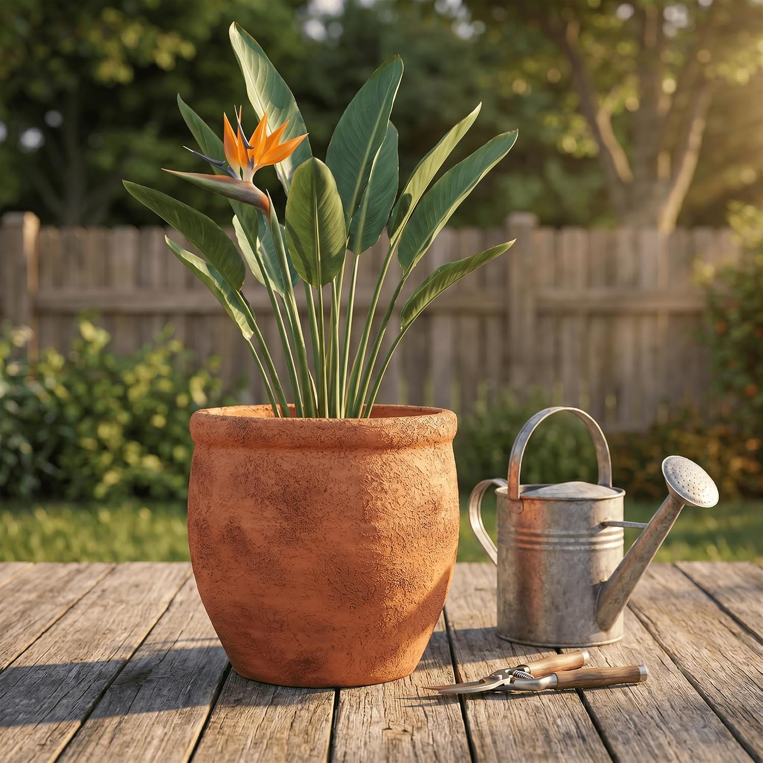 12" Dia Fiberstone Planter – Distressed Terracotta Flower Pot with Textured Matte Finish & Drainage Hole, Rustic Indoor