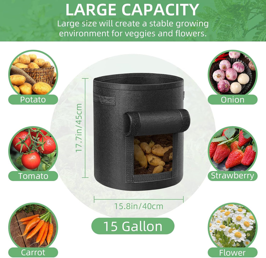 LITLANDSTAR 6 Pack 15 Gallon Potato Grow Bags, Heavy Duty Nonwoven Fabric Garden Planting Bag Plant Container with Flap