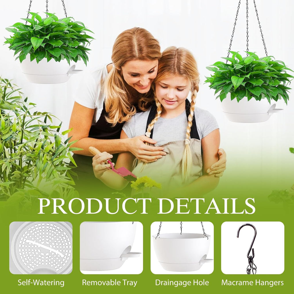 12 Inch Hanging Baskets 2 PC with Chains, Self-Watering Hanging Planters for Indoor Outdoor Plants, Plastic Hanging
