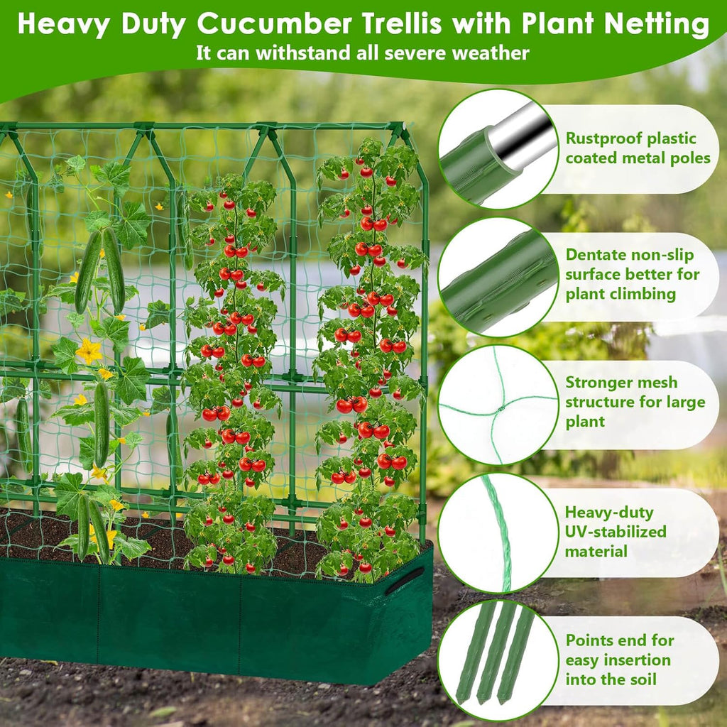 Large Cucumber Trellis for Climbing Plants with Grow Bag, 67"×65"×16.5" Metal Garden Trellis for Raised Bed with Garden