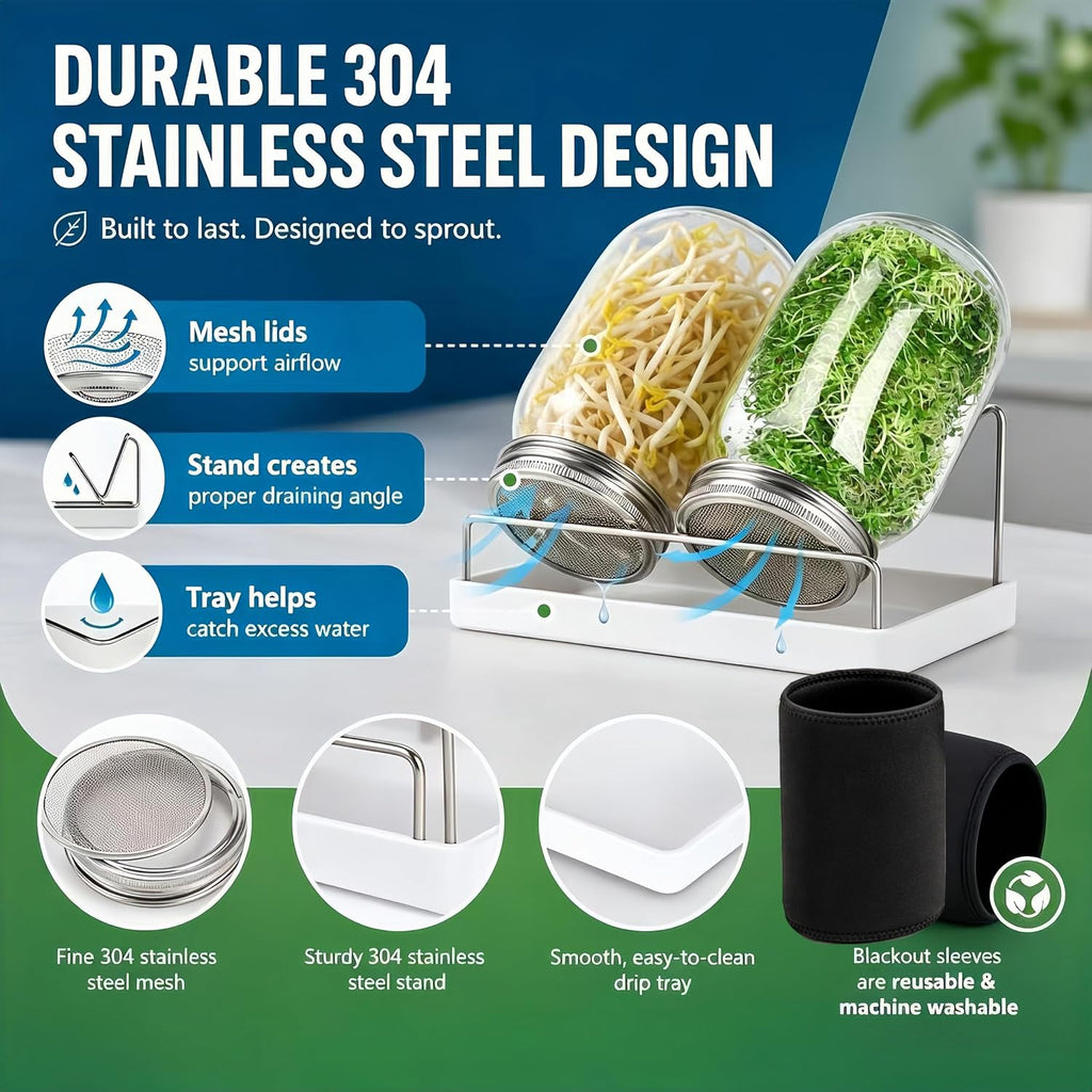 Premium Sprouting Jar Kit, 2Pack Wide Mouth Mason Jars with Mesh Sprouting Lids, Blackout Sleeves, Stand and Drip Tray