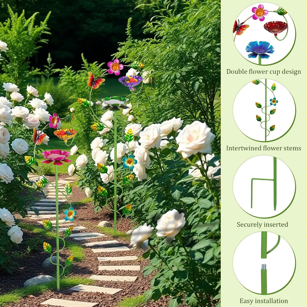 Bee Watering Station for Garden, Double-Flower Bee Bath 4 Pack | Colorful Butterfly Feeder, Metal Bee Feeders for