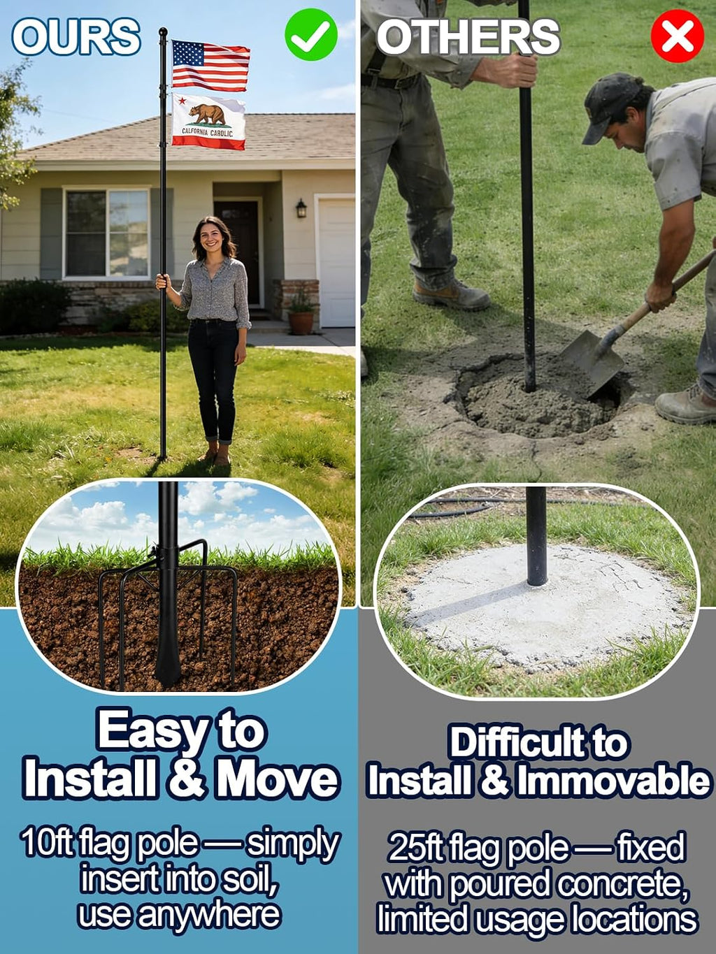 Acostop 10ft In-Ground Flag Pole for Outside House, Fits 2 Flags | Windproof Thicken Flag Pole Kit with 5 Sturdy Prongs