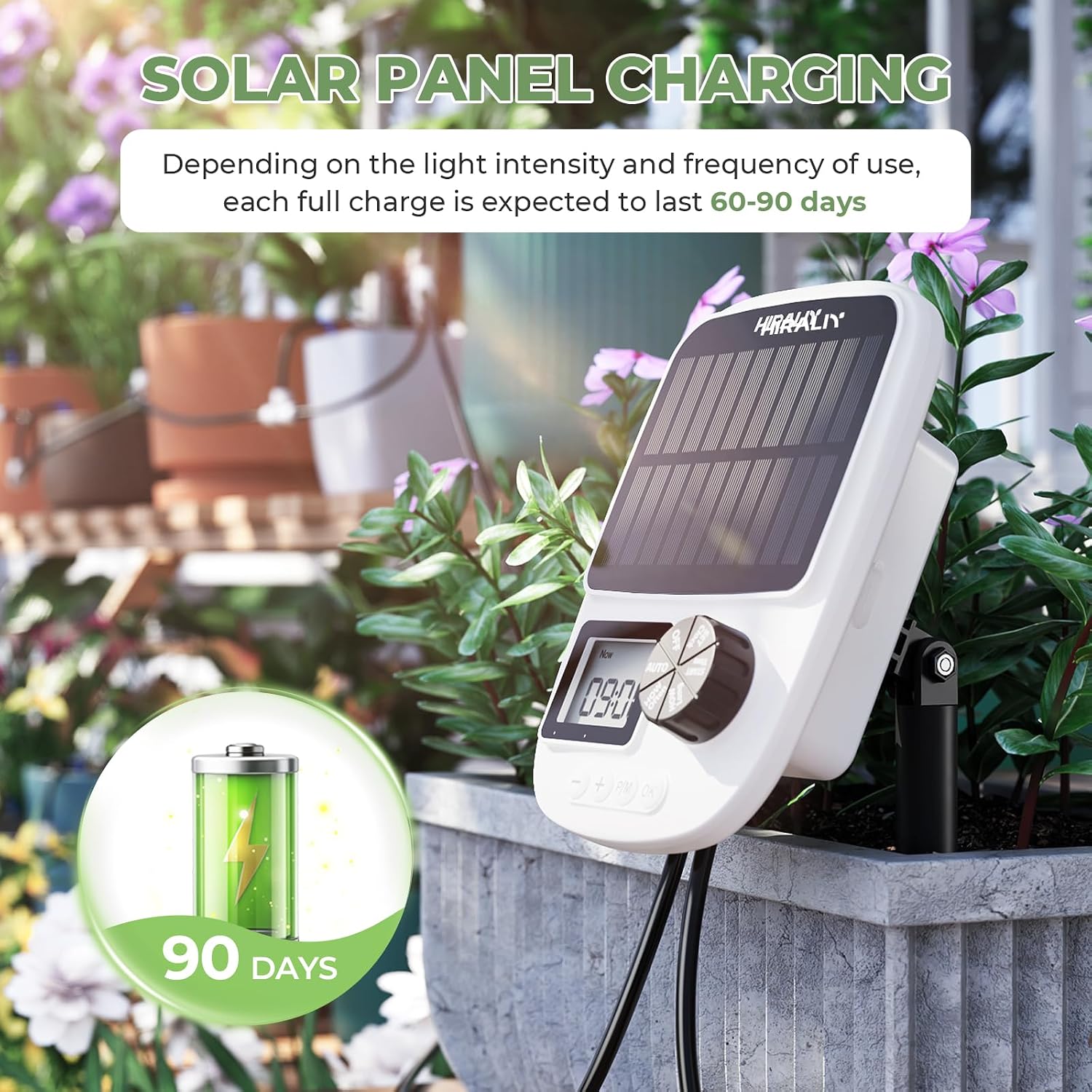 HIRALIY Solar Drip Irrigation System with Timer, Automatic Plant Watering | USB Backup, 12 Drip Emitter Stakes, 40FT