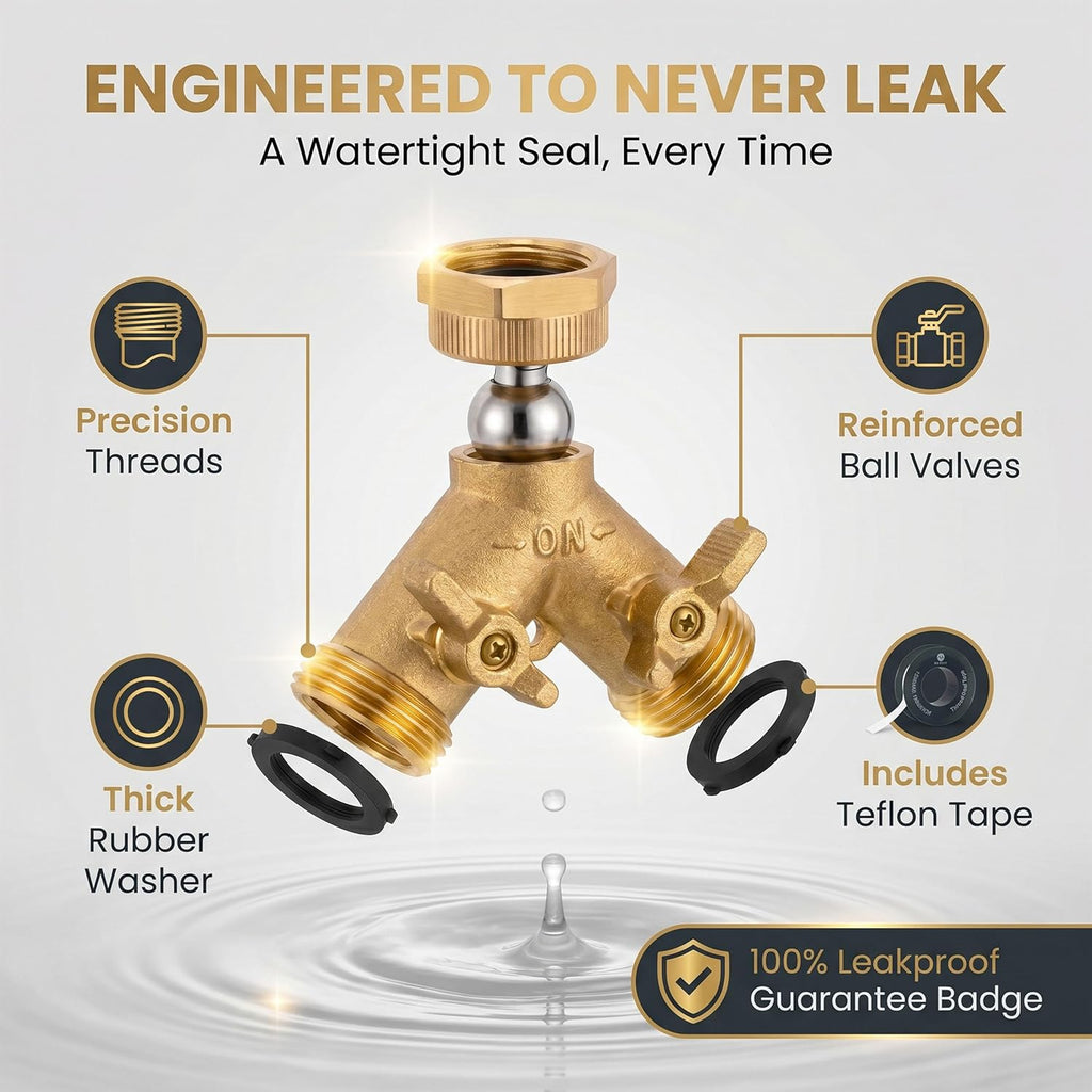 Brass Heavy-Duty Garden Hose Water Splitter | LEAD-FREE 2-Way Y Splitter for Water Spigot & Faucet | Manifold Connector