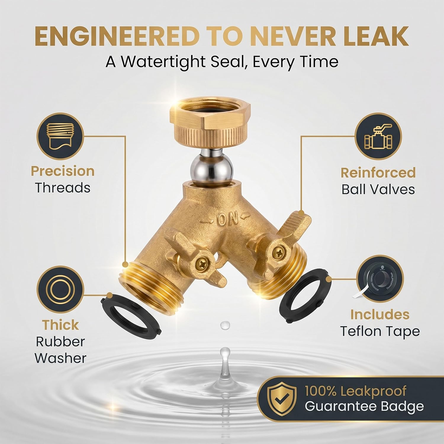 Brass Heavy-Duty Garden Hose Water Splitter | LEAD-FREE 2-Way Y Splitter for Water Spigot & Faucet | Manifold Connector
