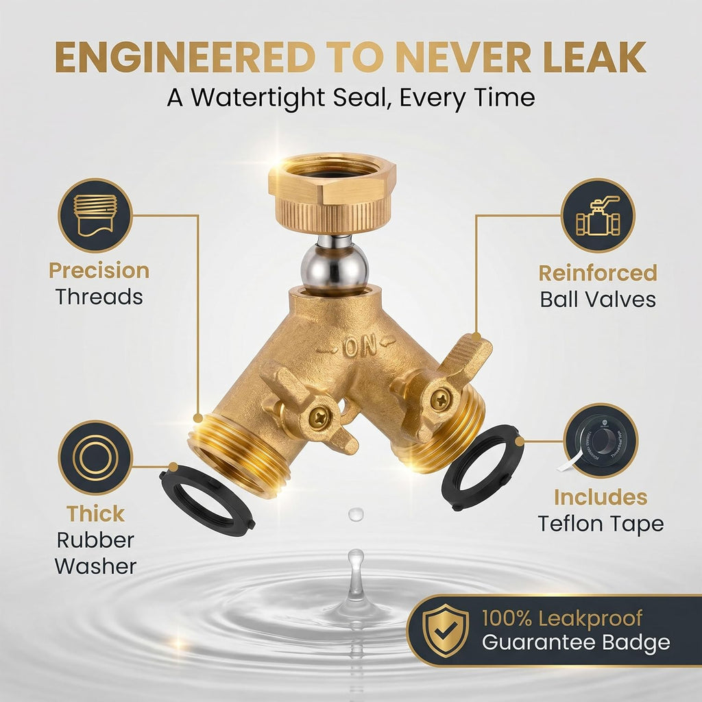 Brass Heavy-Duty Garden Hose Water Splitter | LEAD-FREE 2-Way Y Splitter for Water Spigot & Faucet | Manifold Connector