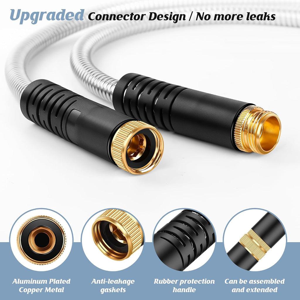 Metal Garden Hose 50FT with 10-Function Nozzle, No-Kink Water Hose | Metal Hoses with Leak-proof Connectors