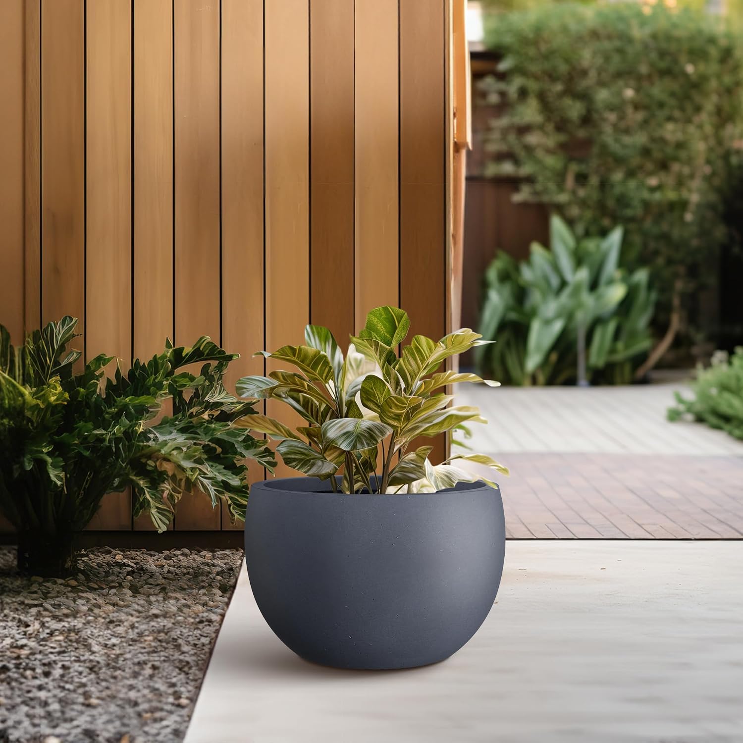 Kante Small Round Bowl Charcoal Concrete Planter 11.8" Dia, Outdoor | Rubber Plug for Indoor, Drainage for Garden