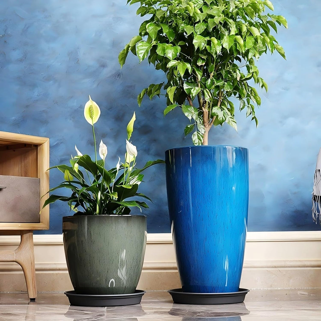 24,21,11 Inch Large Plastic Planters with Drainage Hole and Saucer - Set of 3 Tall Plant Pots Indoor Flower Pot Tall