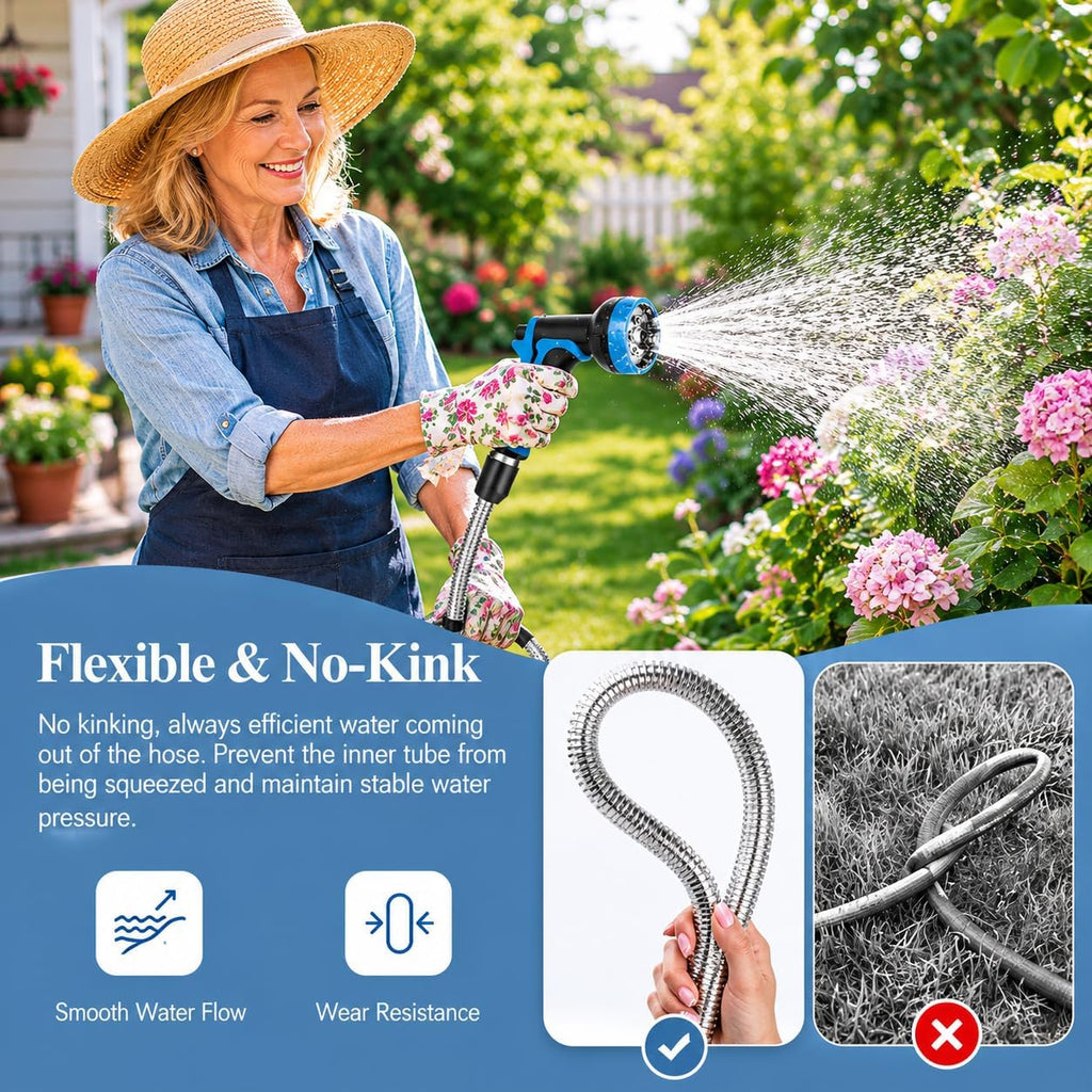Garden Hose 100ft, Metal Water Hose Kink-Free Flexible Stainless Steel Hose | Heavy Duty Abrasion Resistant Leakproof