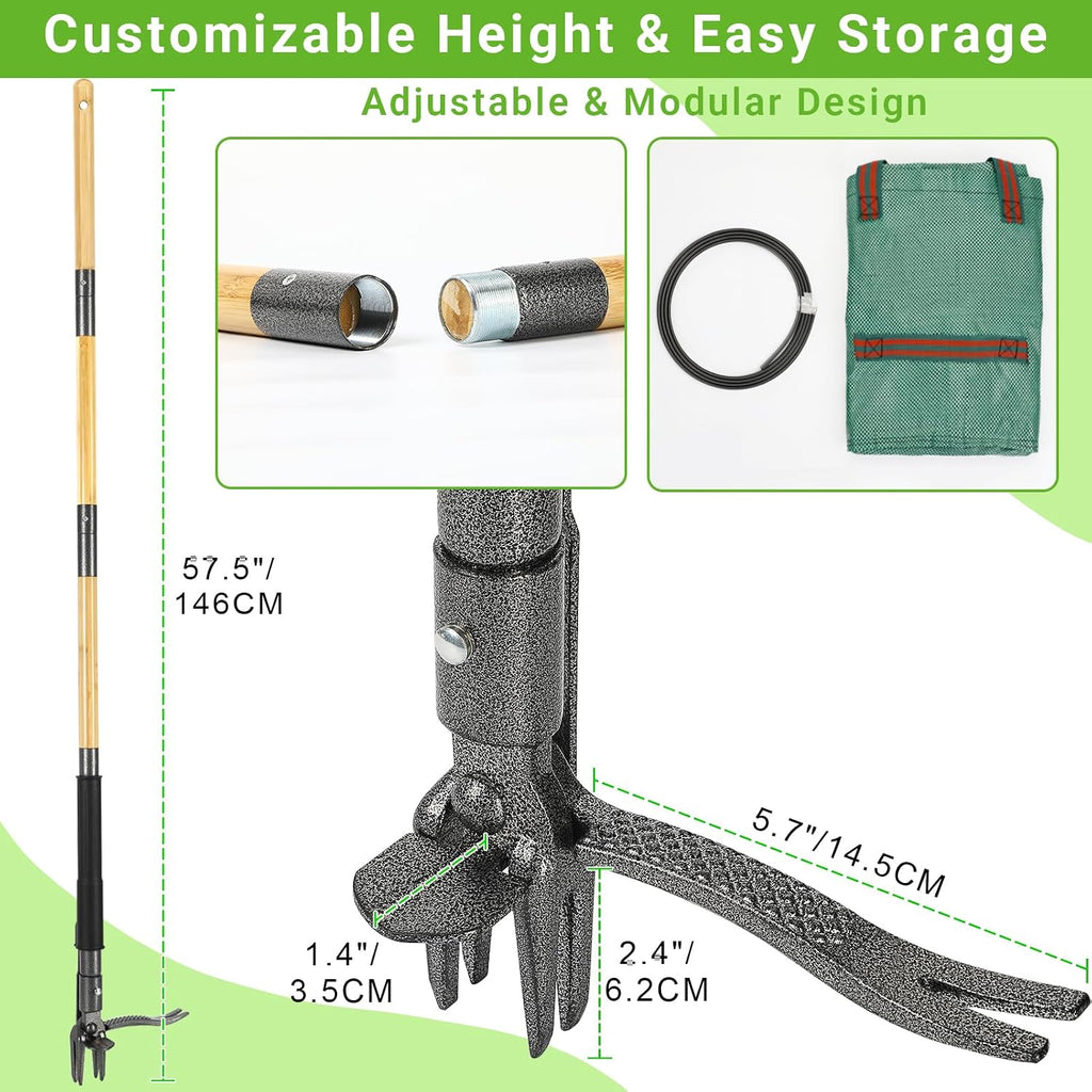Weed Puller Tool for Garden Lawn Yard, 57.5" | Includes 16 Gallon Leaf Bag, Dual-Eject Mechanism, 4-Claw Steel Head