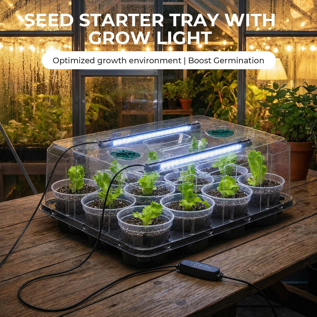 4 Inch Seed Starter Trays 2 Pack, 12-Cell | With Grow Light, Humidity Dome, 24 Pcs 4" Nursery Pots, Plastic Germination