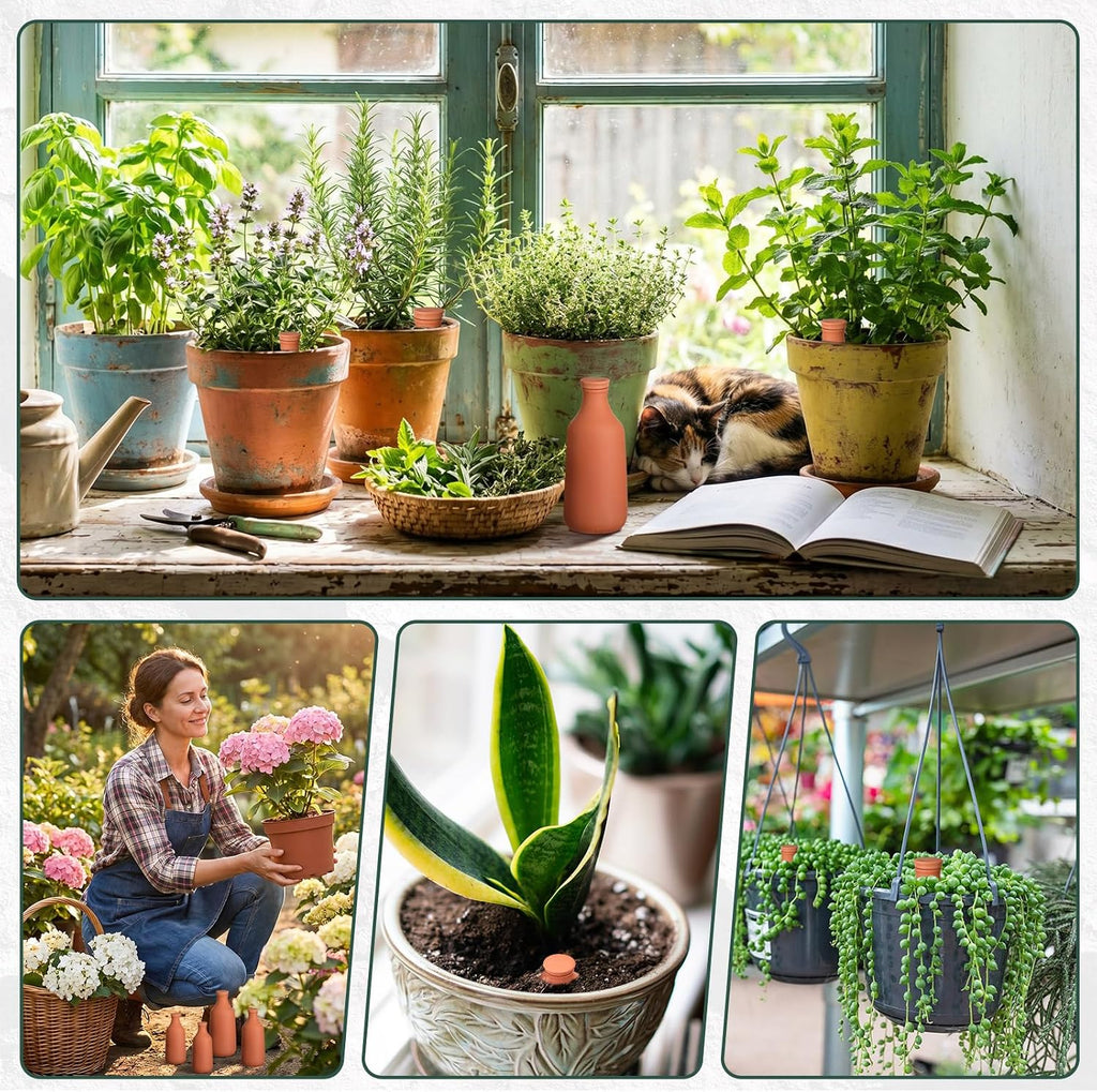 DoubleFill 4 Pcs 10, 16, 24 oz Ollas Terracotta Watering Pots Self Watering Planter Insert Terracotta Globes Clay for