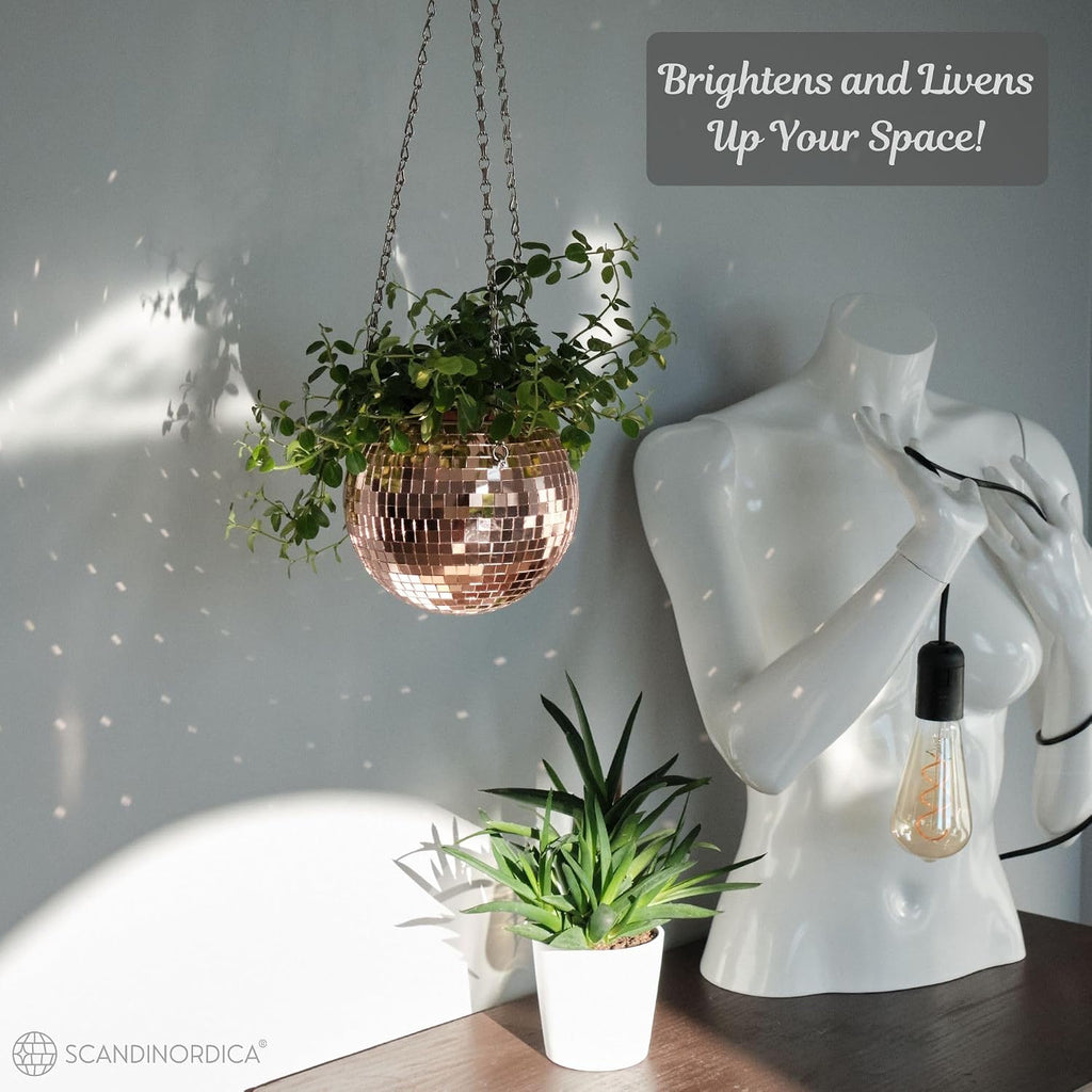Disco Ball Planter – Value Package: Mirror Disco Planter with Chain, Macrame Hanger and Acrylic Stand for Desk