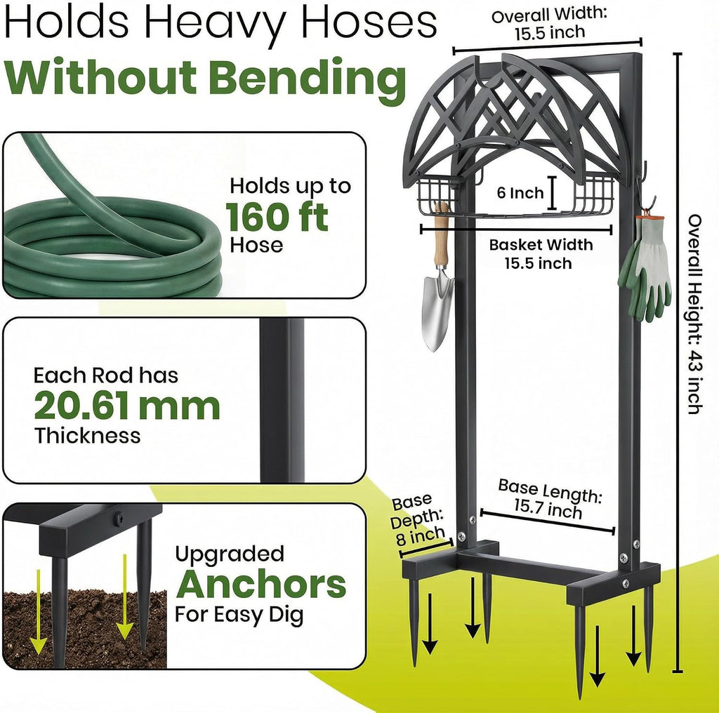 Oriva Garden Hose Holder Stand, Freestanding Water Hose Holder for Outside, Heavy Duty Metal Hose Hanger w/ 4-Spike