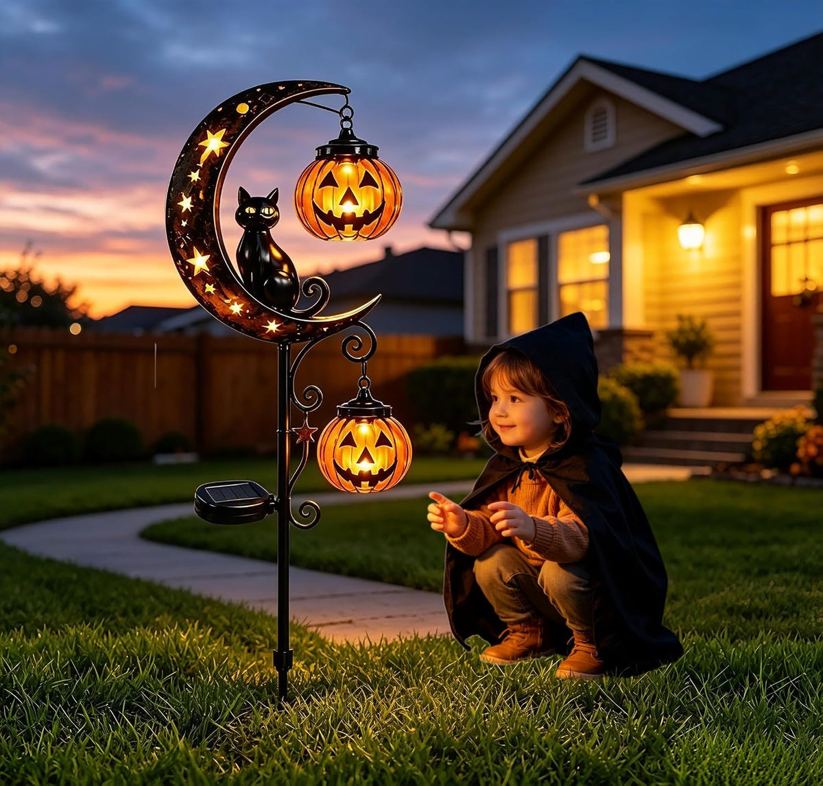 Halloween Solar Lights, Halloween Black Cat Pumpkin Moon Garden Stake Light