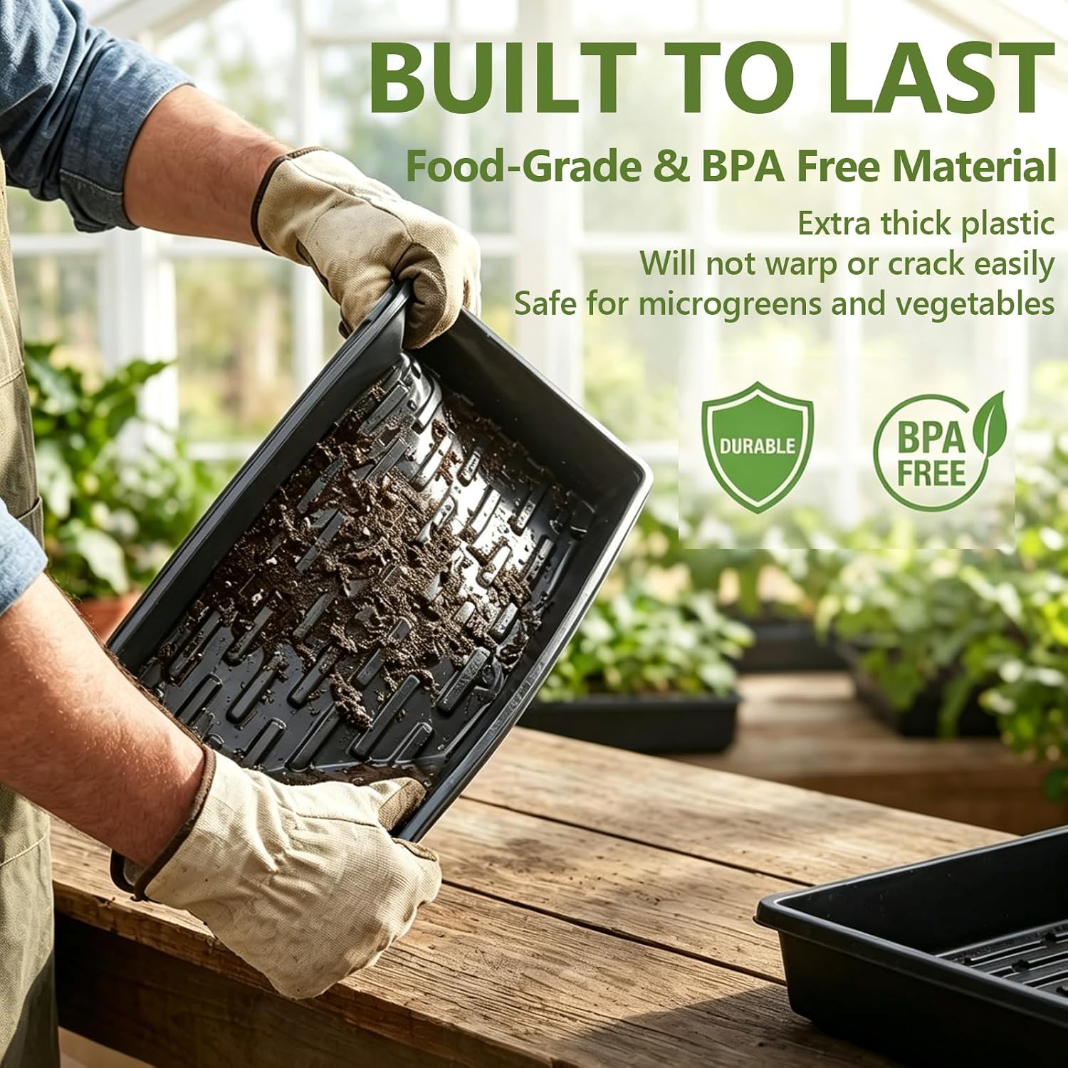 10 Pack Plant Growing Trays No Drain Holes, 21 x 11 x 2.5 in Durable Seed Starter Trays with 3 Mini Gardening Tools