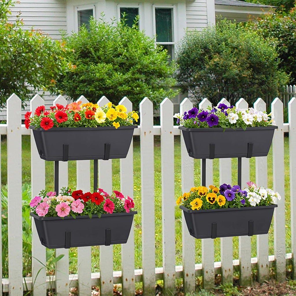 Railing Planter Box 2 Pack Rectangular Window Boxes Planters with Double Adjustable Brackets, Balcony Deck Railing