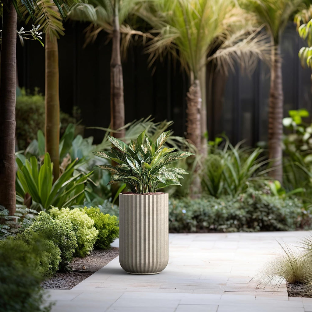 Kante Accent Round Column Weathered Concrete Planter 17.7" Tall, Outdoor | Fluted, Rubber Plug for Indoor, Drainage for