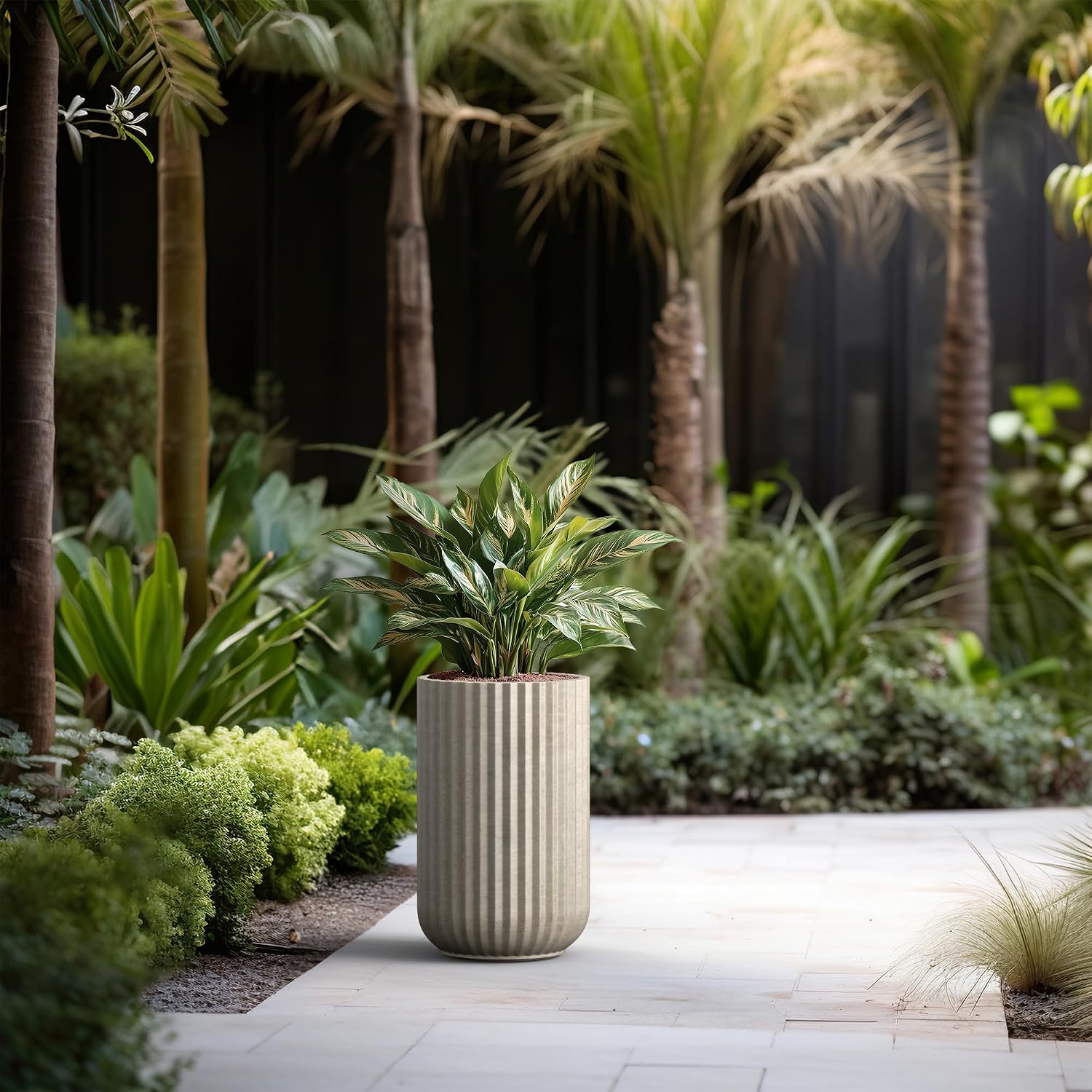 Kante Accent Round Column Weathered Concrete Planter 17.7" Tall, Outdoor | Fluted, Rubber Plug for Indoor, Drainage for