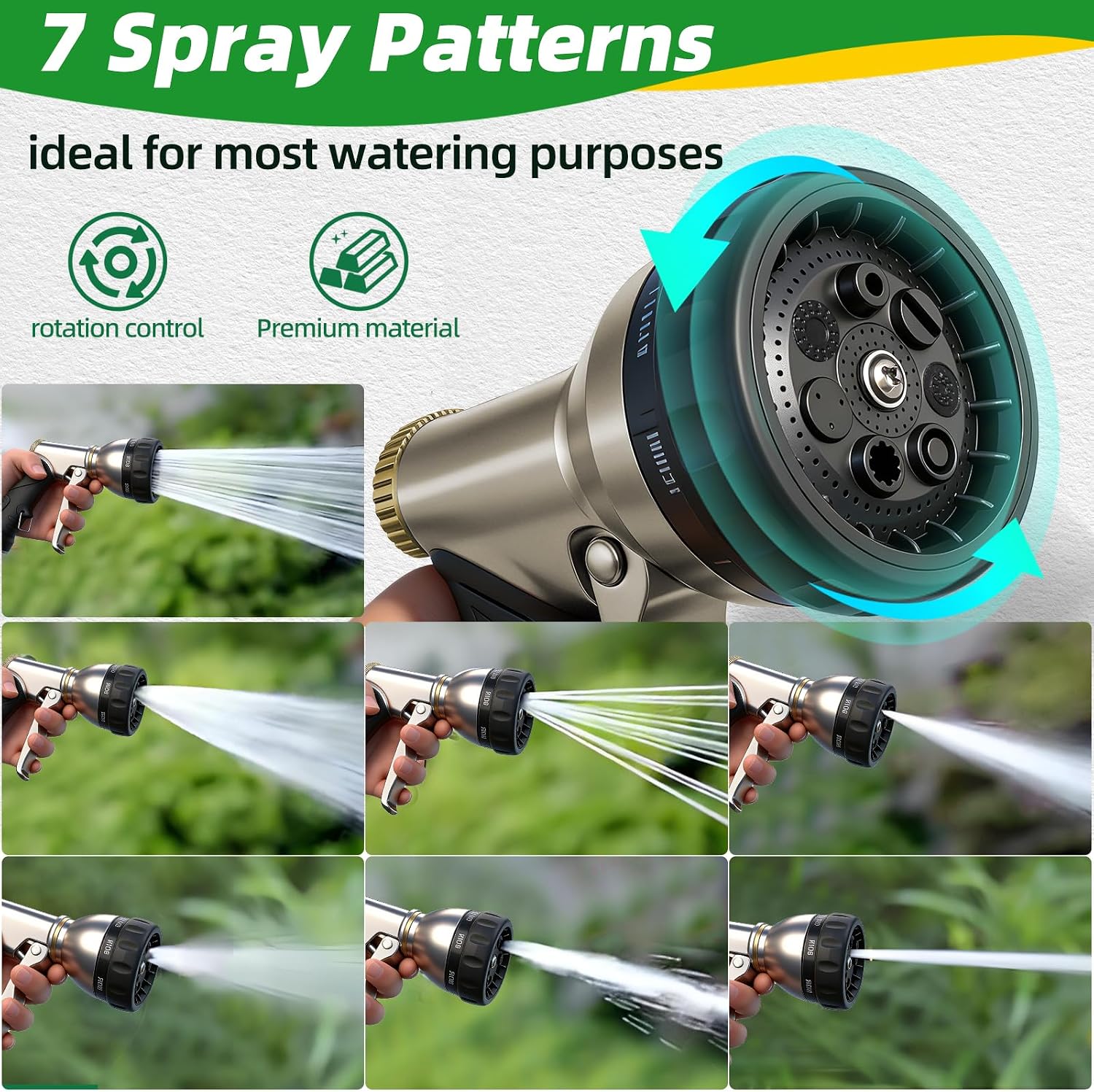 ARXIVE Metal Garden Hose Nozzle, Heavy Duty High Pressure Hand Sprayer | 7 Adjustable Patterns for Watering, Car Wash