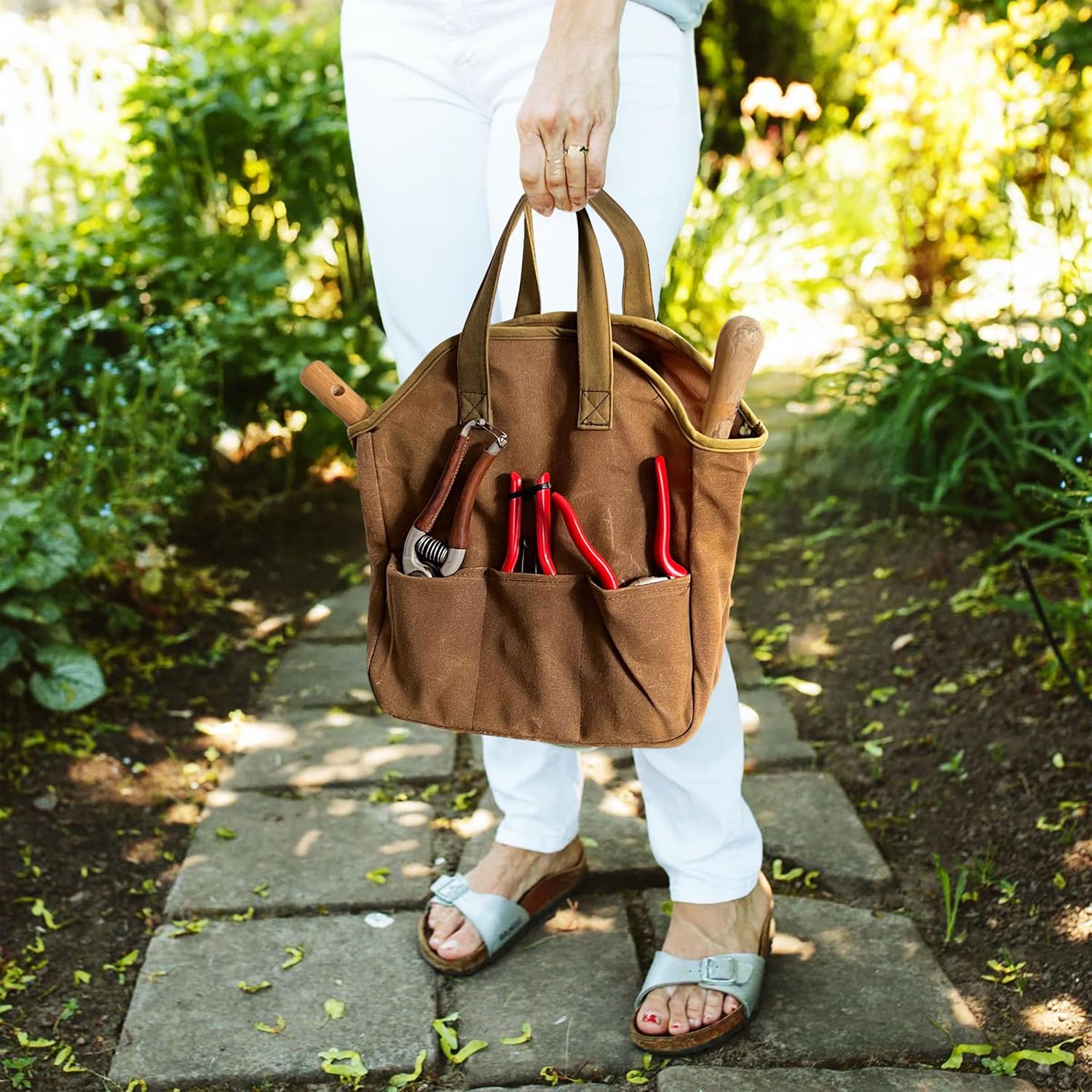 Garden Tool Bag - 12x14” Heavy Duty Waxed Canvas Tote Bag Caddy with 6 Interior and 3 Exterior Pockets for Organizing