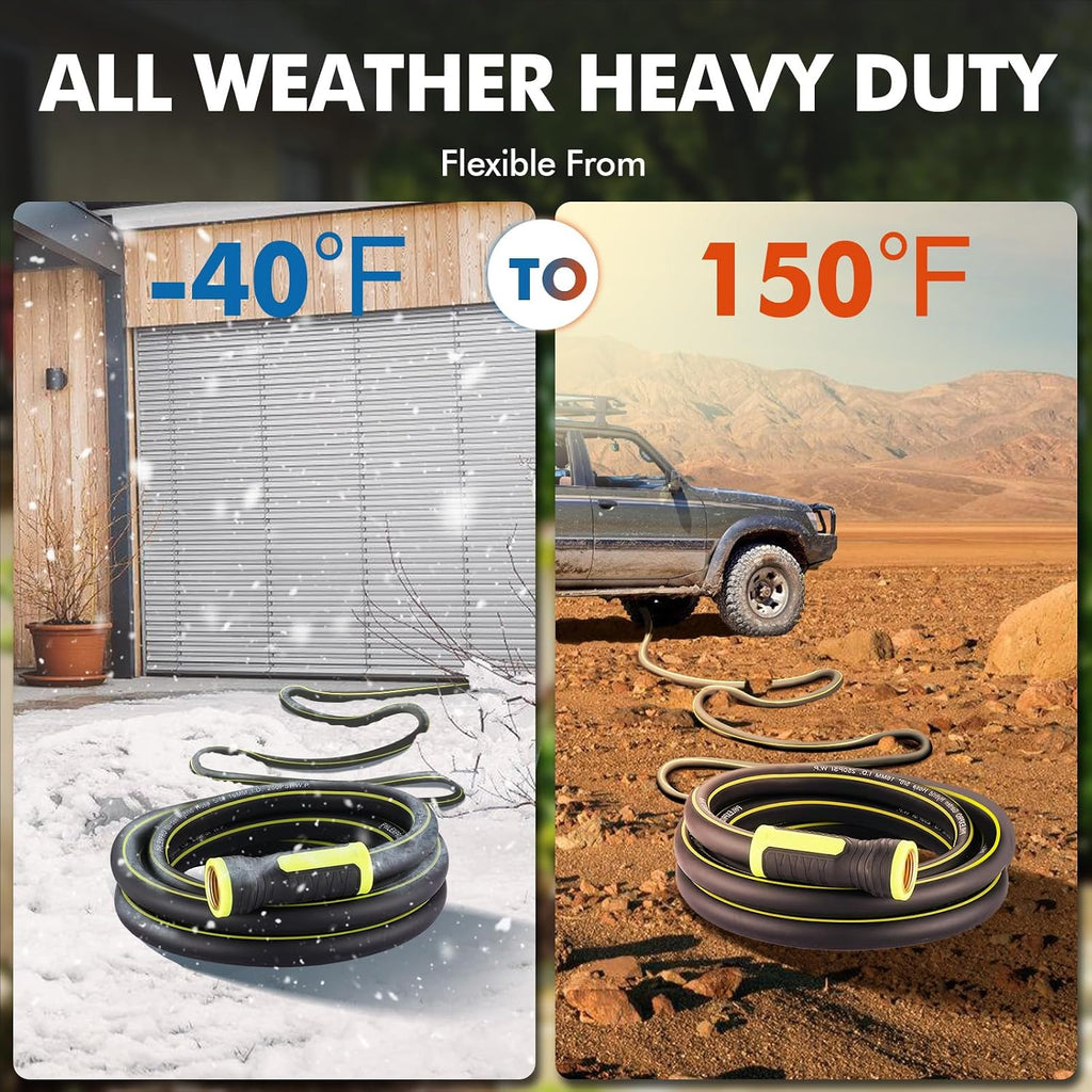 100 FT Garden Hose 5/8", Heavy Duty Rubber, Brass Fittings | 3-Layer Flexible Hybrid, Lightweight Swivel Handle, 100ft